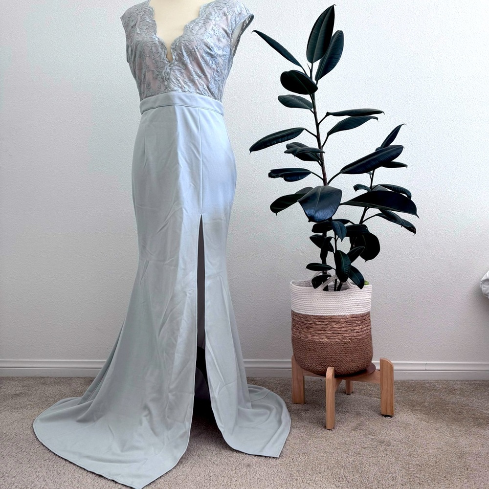 NEW! MANIJU Light grey lace scalloped V neck with top side slit maxi dress